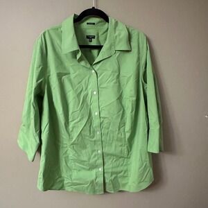 Talbots Woman Green Wrinkle Resistant Button Front Shirt Top‎ 20W 3/4 Sleeve
